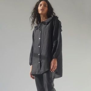 Wilfred Aritzia Splendour Sheer Button Front Peasant Black Blouse Size S